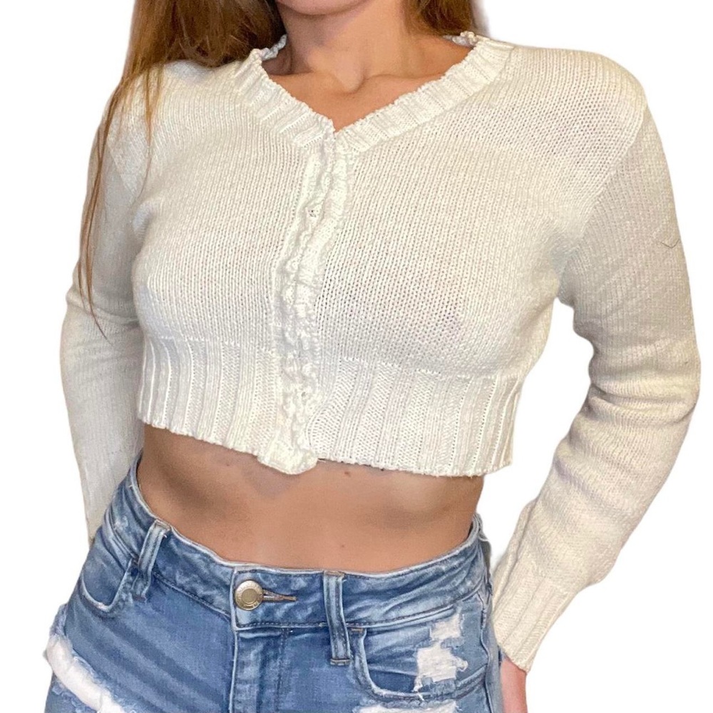 Reworked cropped white knit sweater